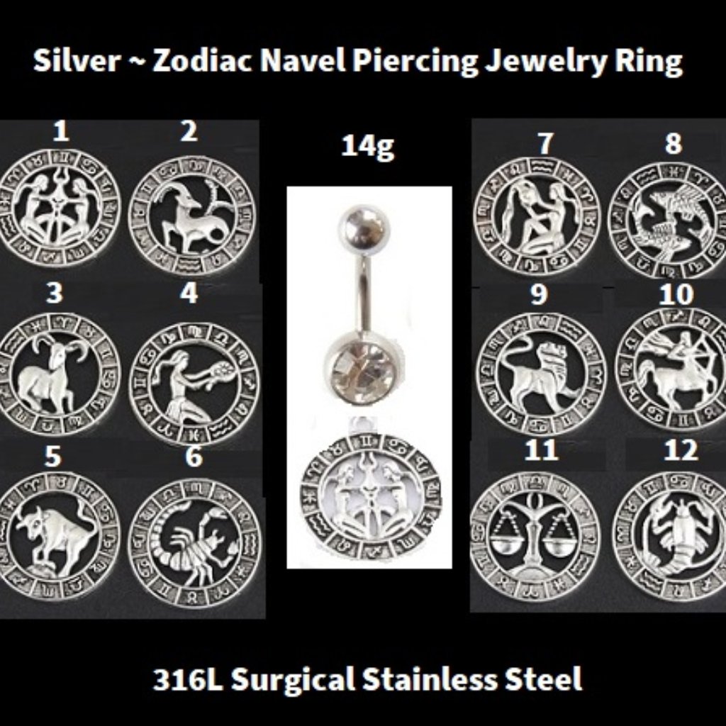 Silver ~ Zodiac Symbol Navel Piercing Jewelry Ring